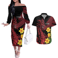 Wales Cymru Am Byth Couples Matching Off The Shoulder Long Sleeve Dress and Hawaiian Shirt Dragon & Daffodil