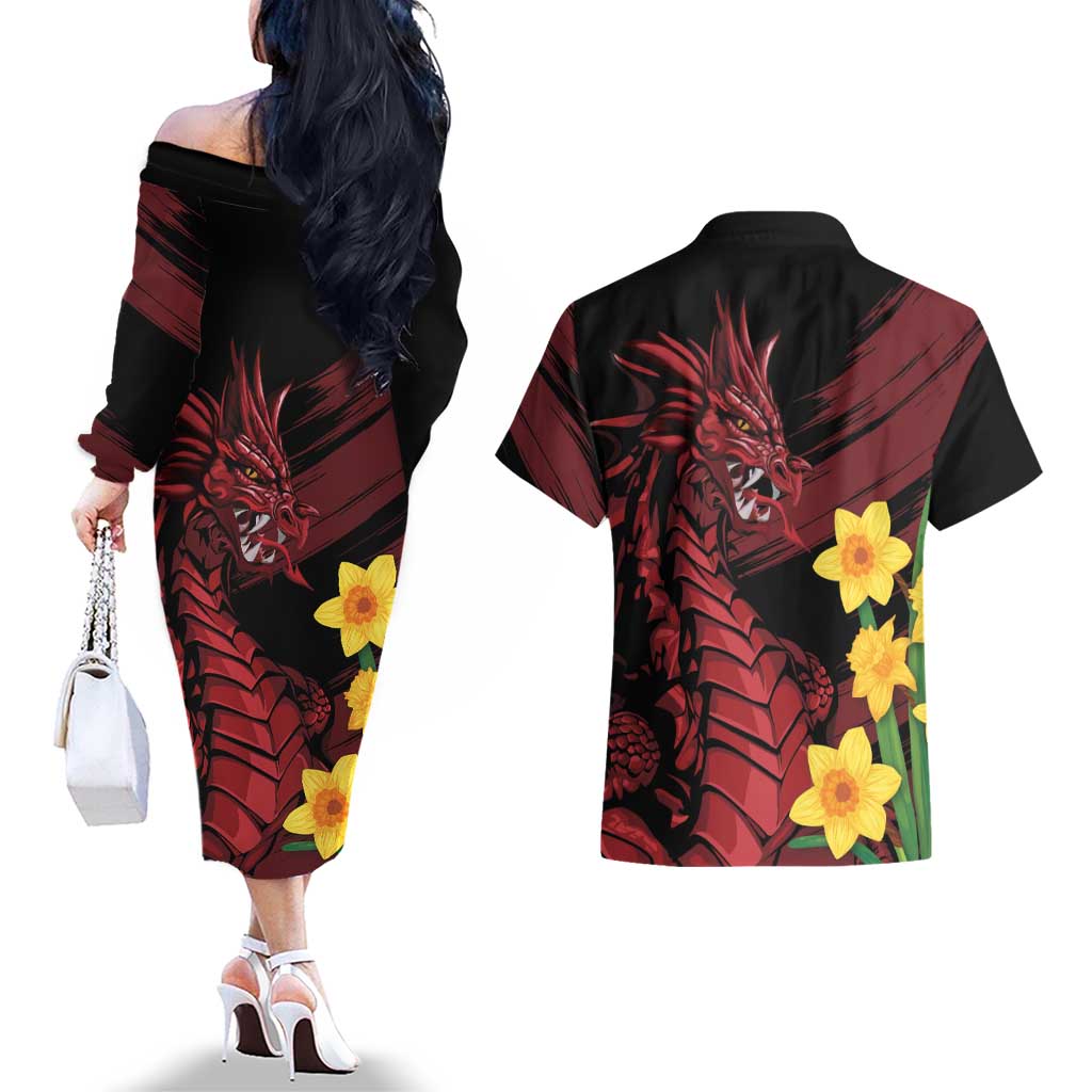 Wales Cymru Am Byth Couples Matching Off The Shoulder Long Sleeve Dress and Hawaiian Shirt Dragon & Daffodil