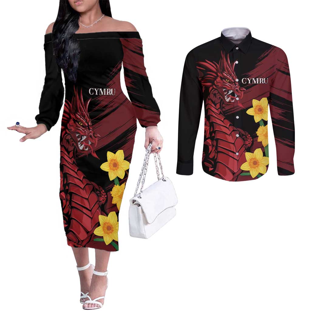 Wales Cymru Am Byth Couples Matching Off The Shoulder Long Sleeve Dress and Long Sleeve Button Shirt Dragon & Daffodil