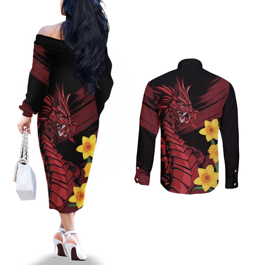 Wales Cymru Am Byth Couples Matching Off The Shoulder Long Sleeve Dress and Long Sleeve Button Shirt Dragon & Daffodil