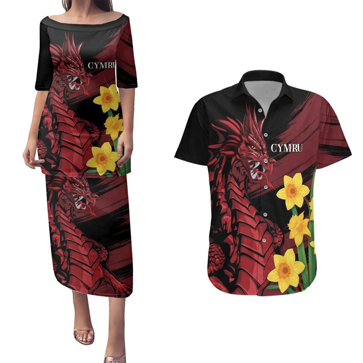 Wales Cymru Am Byth Couples Matching Puletasi and Hawaiian Shirt Dragon & Daffodil