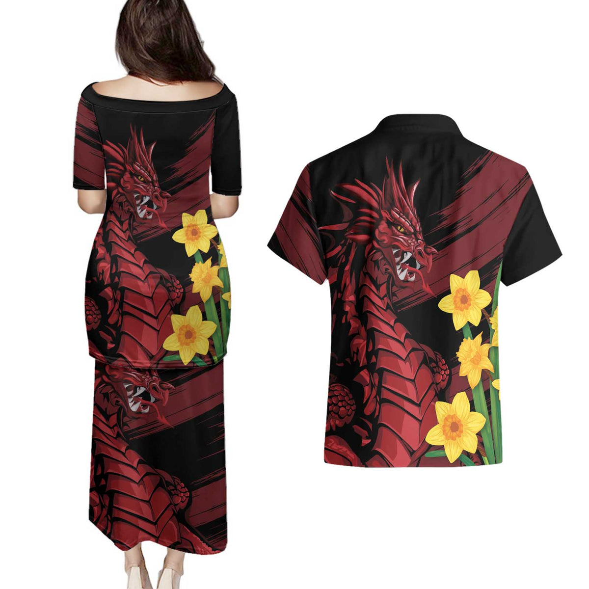 Wales Cymru Am Byth Couples Matching Puletasi and Hawaiian Shirt Dragon & Daffodil