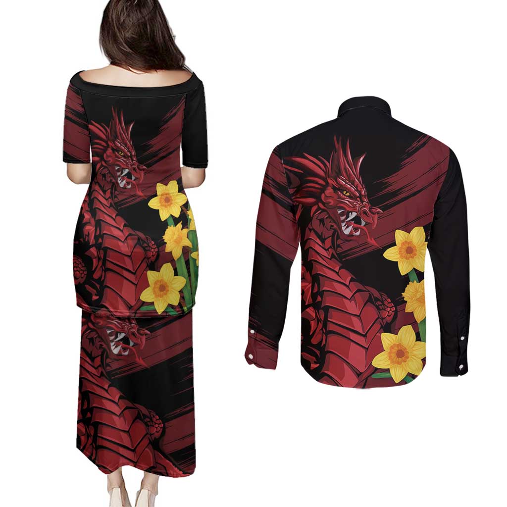 Wales Cymru Am Byth Couples Matching Puletasi and Long Sleeve Button Shirt Dragon & Daffodil
