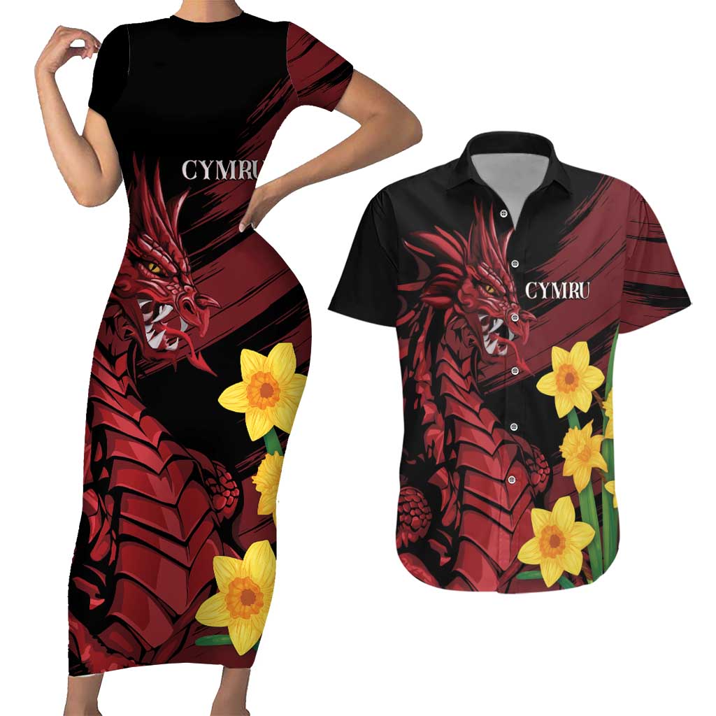 Wales Cymru Am Byth Couples Matching Short Sleeve Bodycon Dress and Hawaiian Shirt Dragon & Daffodil