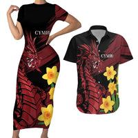 Wales Cymru Am Byth Couples Matching Short Sleeve Bodycon Dress and Hawaiian Shirt Dragon & Daffodil