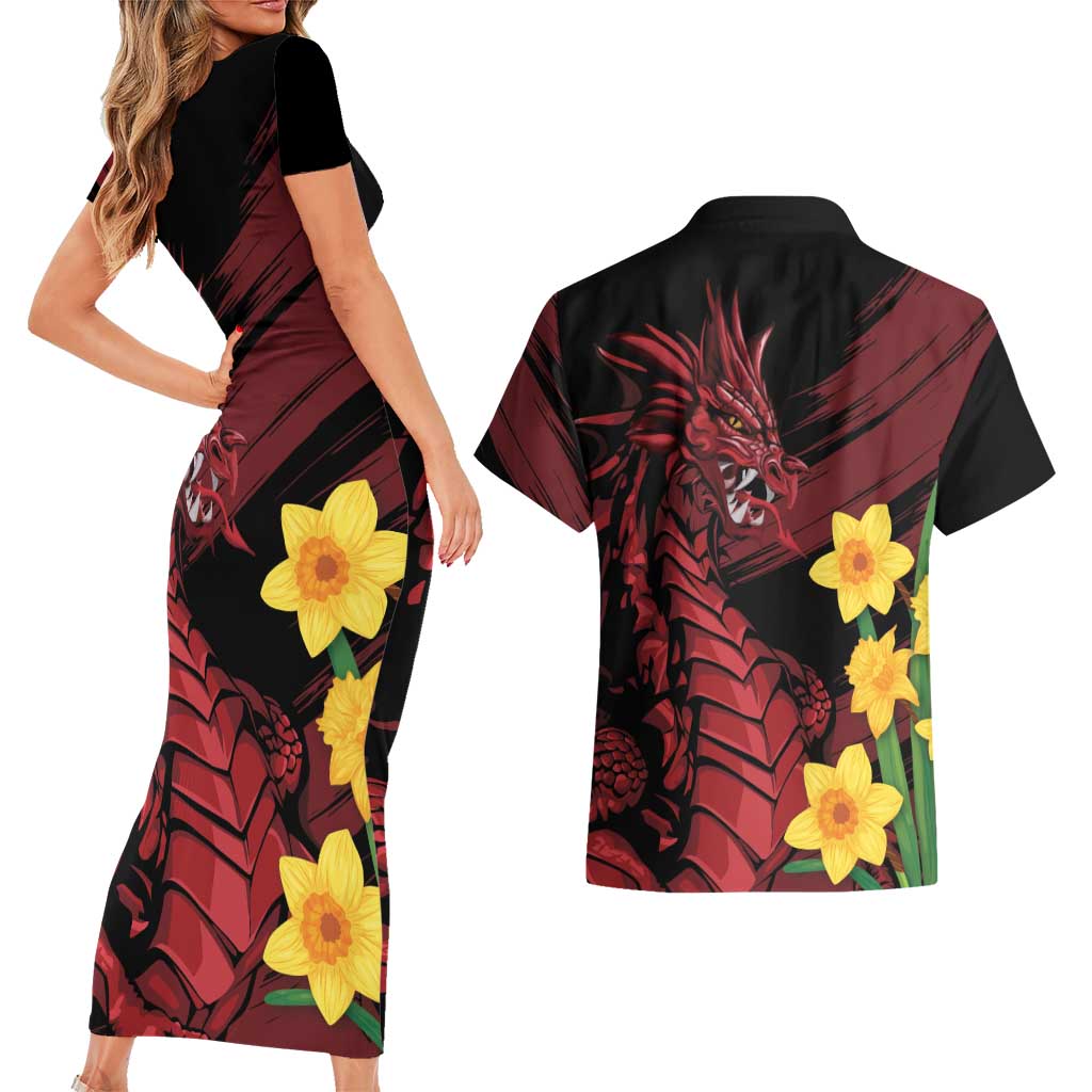 Wales Cymru Am Byth Couples Matching Short Sleeve Bodycon Dress and Hawaiian Shirt Dragon & Daffodil
