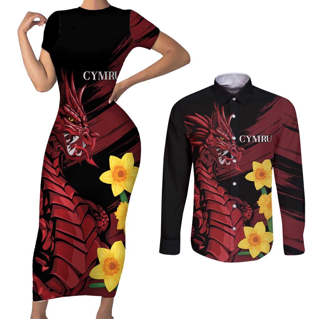Wales Cymru Am Byth Couples Matching Short Sleeve Bodycon Dress and Long Sleeve Button Shirt Dragon & Daffodil