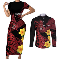 Wales Cymru Am Byth Couples Matching Short Sleeve Bodycon Dress and Long Sleeve Button Shirt Dragon & Daffodil