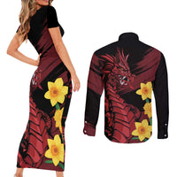 Wales Cymru Am Byth Couples Matching Short Sleeve Bodycon Dress and Long Sleeve Button Shirt Dragon & Daffodil