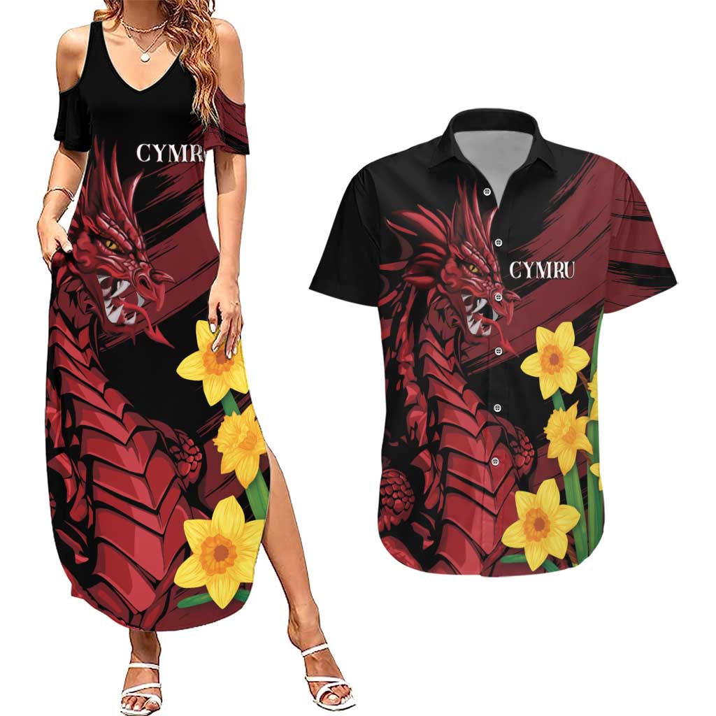 Wales Cymru Am Byth Couples Matching Summer Maxi Dress and Hawaiian Shirt Dragon & Daffodil