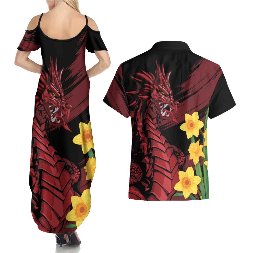 Wales Cymru Am Byth Couples Matching Summer Maxi Dress and Hawaiian Shirt Dragon & Daffodil