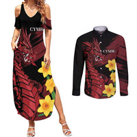 Wales Cymru Am Byth Couples Matching Summer Maxi Dress and Long Sleeve Button Shirt Dragon & Daffodil