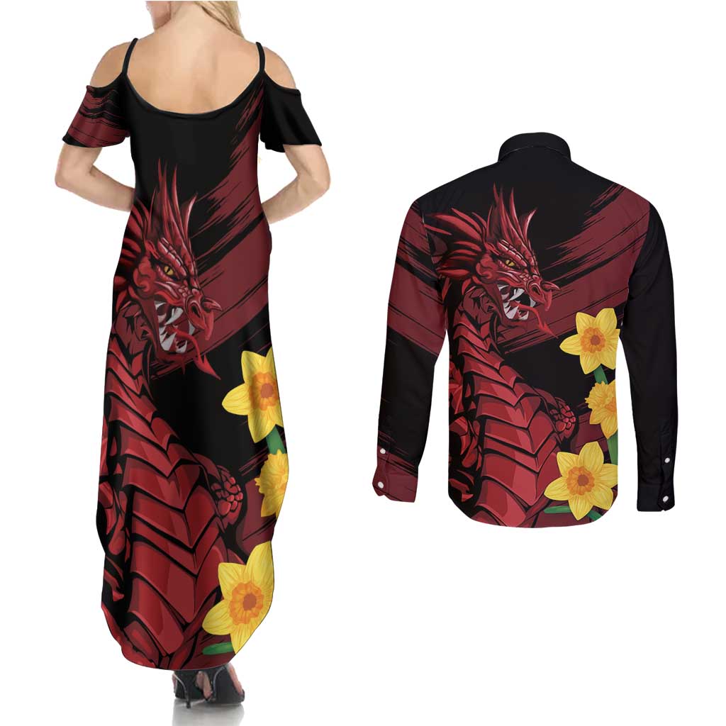 Wales Cymru Am Byth Couples Matching Summer Maxi Dress and Long Sleeve Button Shirt Dragon & Daffodil
