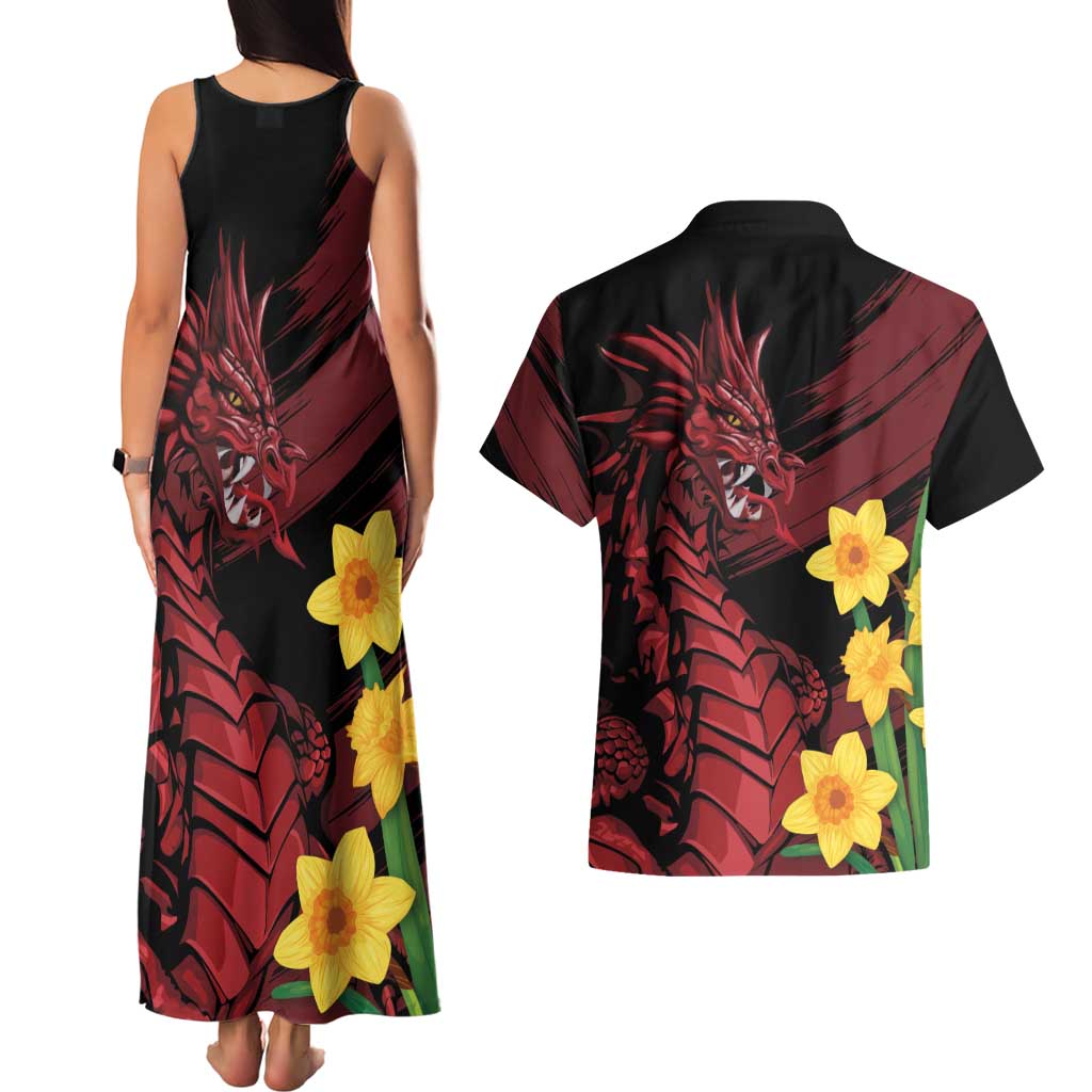 Wales Cymru Am Byth Couples Matching Tank Maxi Dress and Hawaiian Shirt Dragon & Daffodil