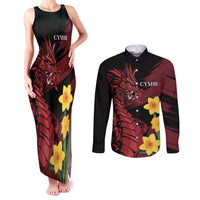 Wales Cymru Am Byth Couples Matching Tank Maxi Dress and Long Sleeve Button Shirt Dragon & Daffodil
