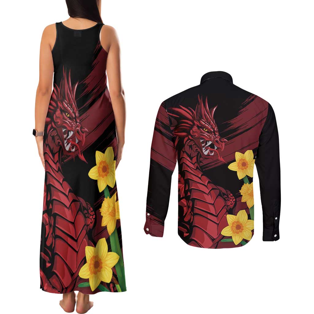 Wales Cymru Am Byth Couples Matching Tank Maxi Dress and Long Sleeve Button Shirt Dragon & Daffodil