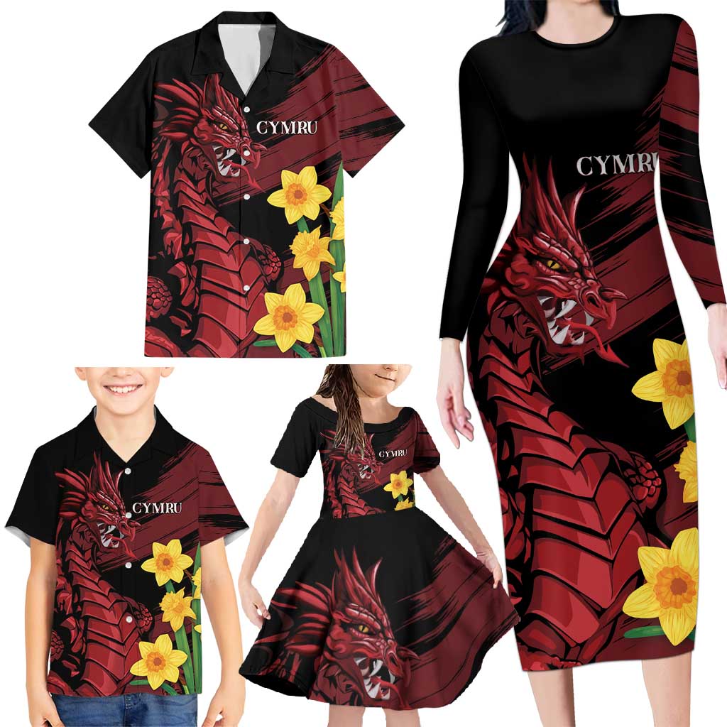 Wales Cymru Am Byth Family Matching Long Sleeve Bodycon Dress and Hawaiian Shirt Dragon & Daffodil