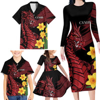 Wales Cymru Am Byth Family Matching Long Sleeve Bodycon Dress and Hawaiian Shirt Dragon & Daffodil