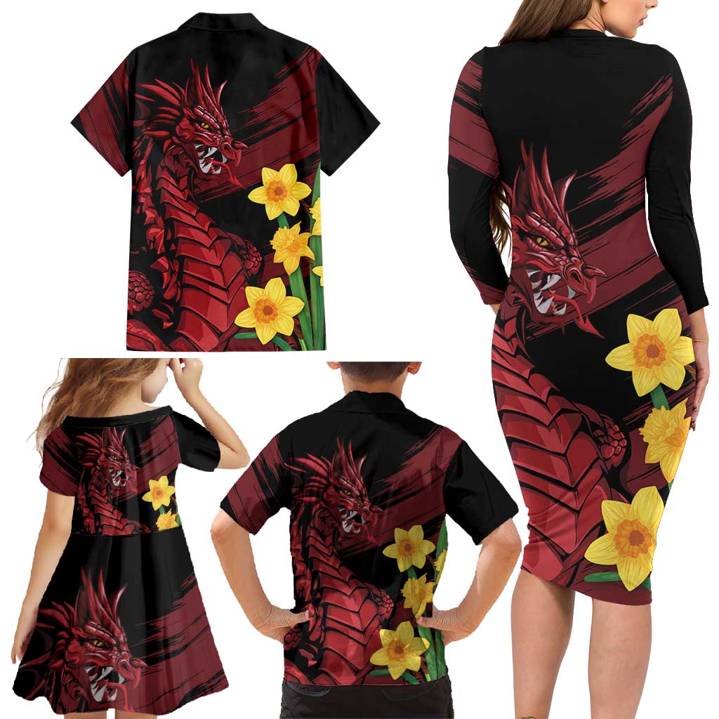 Wales Cymru Am Byth Family Matching Long Sleeve Bodycon Dress and Hawaiian Shirt Dragon & Daffodil
