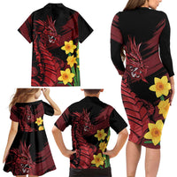 Wales Cymru Am Byth Family Matching Long Sleeve Bodycon Dress and Hawaiian Shirt Dragon & Daffodil