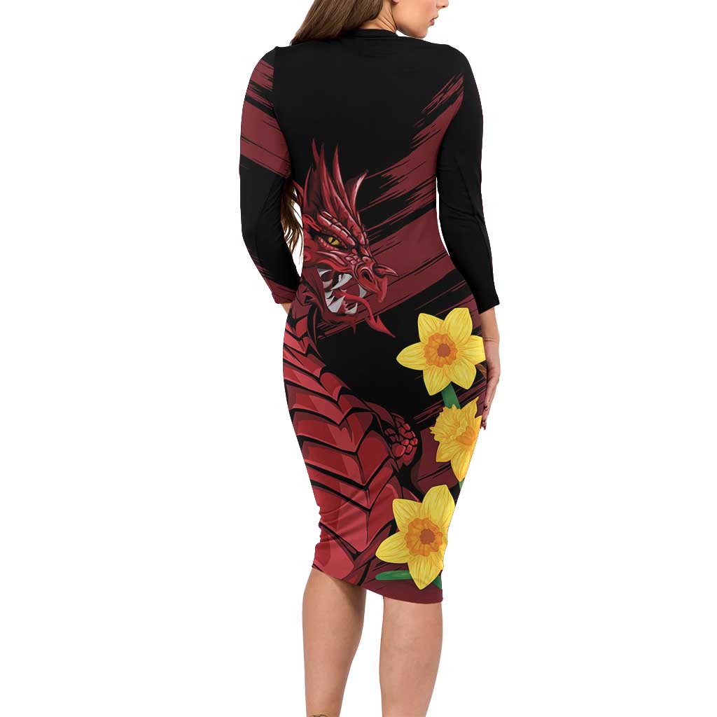 Wales Cymru Am Byth Family Matching Long Sleeve Bodycon Dress and Hawaiian Shirt Dragon & Daffodil