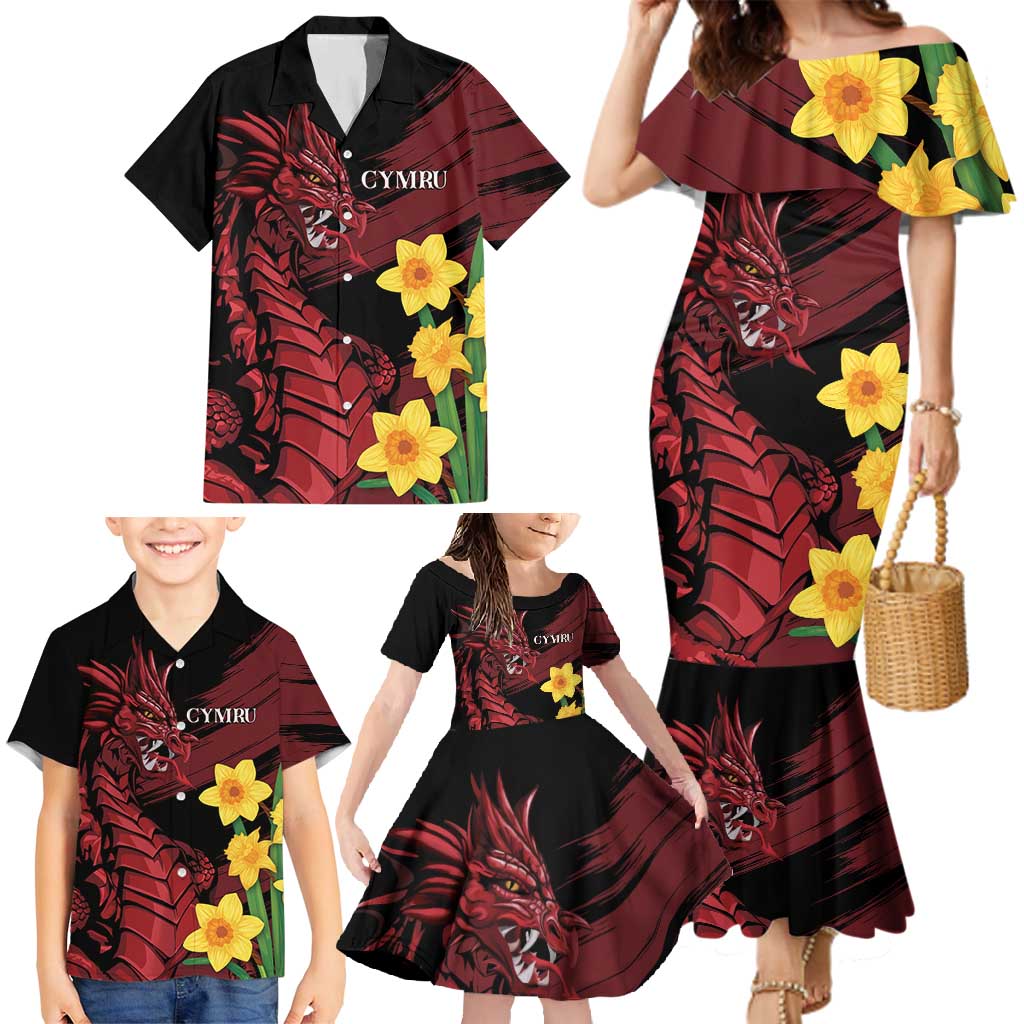 Wales Cymru Am Byth Family Matching Mermaid Dress and Hawaiian Shirt Dragon & Daffodil