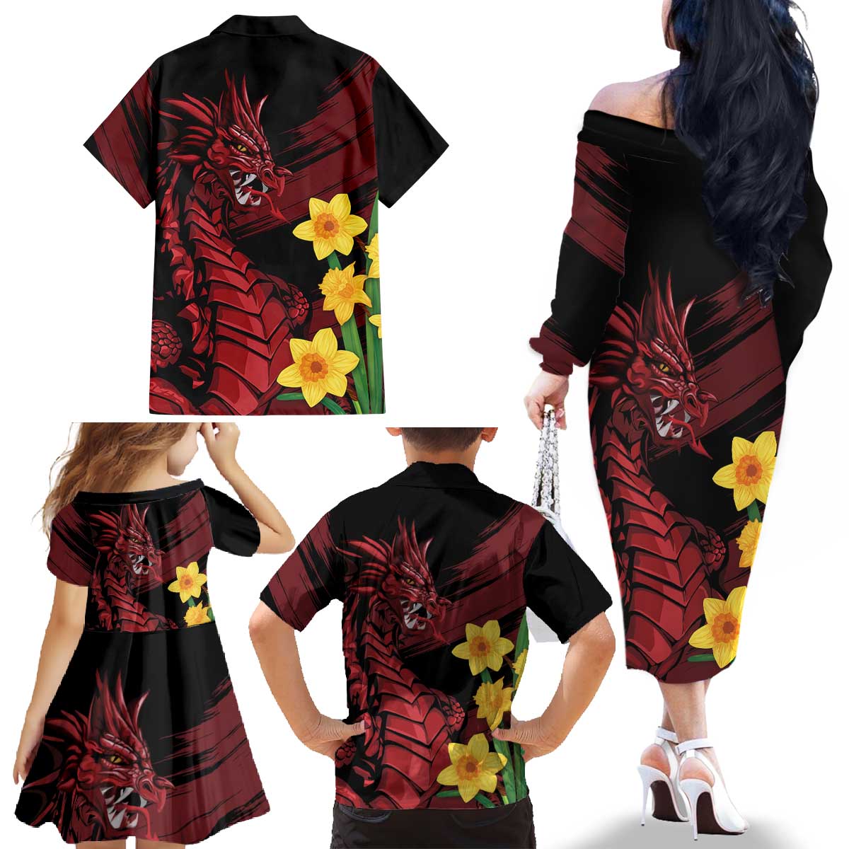 Wales Cymru Am Byth Family Matching Off The Shoulder Long Sleeve Dress and Hawaiian Shirt Dragon & Daffodil