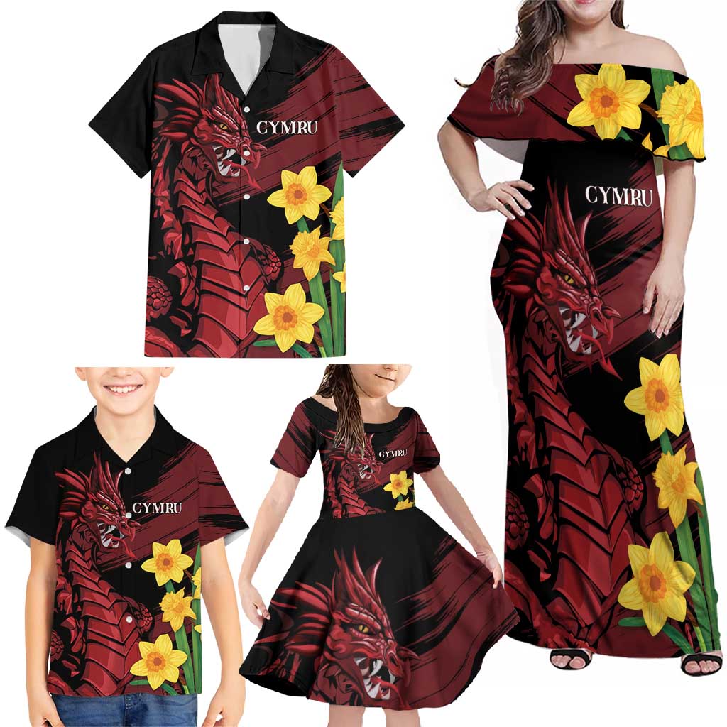 Wales Cymru Am Byth Family Matching Off Shoulder Maxi Dress and Hawaiian Shirt Dragon & Daffodil LT7 - Wonder Print Shop