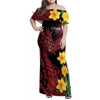 Wales Cymru Am Byth Family Matching Off Shoulder Maxi Dress and Hawaiian Shirt Dragon & Daffodil LT7 - Wonder Print Shop
