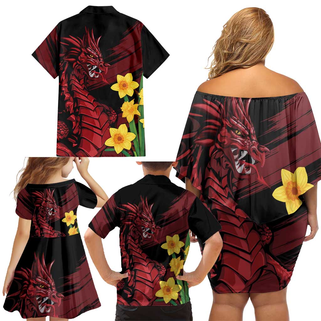 Wales Cymru Am Byth Family Matching Off Shoulder Short Dress and Hawaiian Shirt Dragon & Daffodil LT7 - Wonder Print Shop