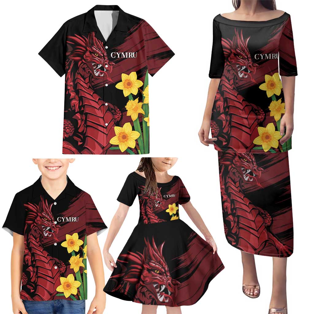 Wales Cymru Am Byth Family Matching Puletasi and Hawaiian Shirt Dragon & Daffodil