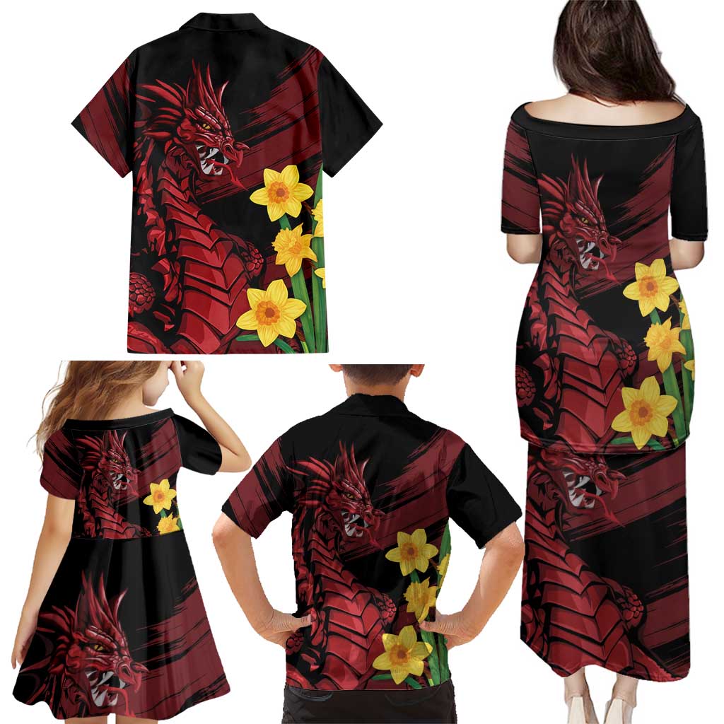 Wales Cymru Am Byth Family Matching Puletasi and Hawaiian Shirt Dragon & Daffodil