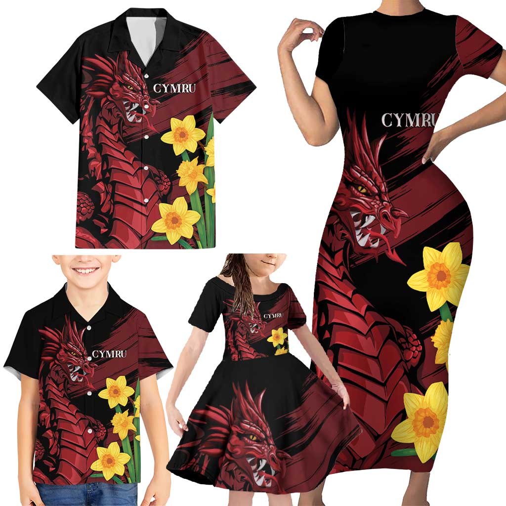 Wales Cymru Am Byth Family Matching Short Sleeve Bodycon Dress and Hawaiian Shirt Dragon & Daffodil - Wonder Print Shop