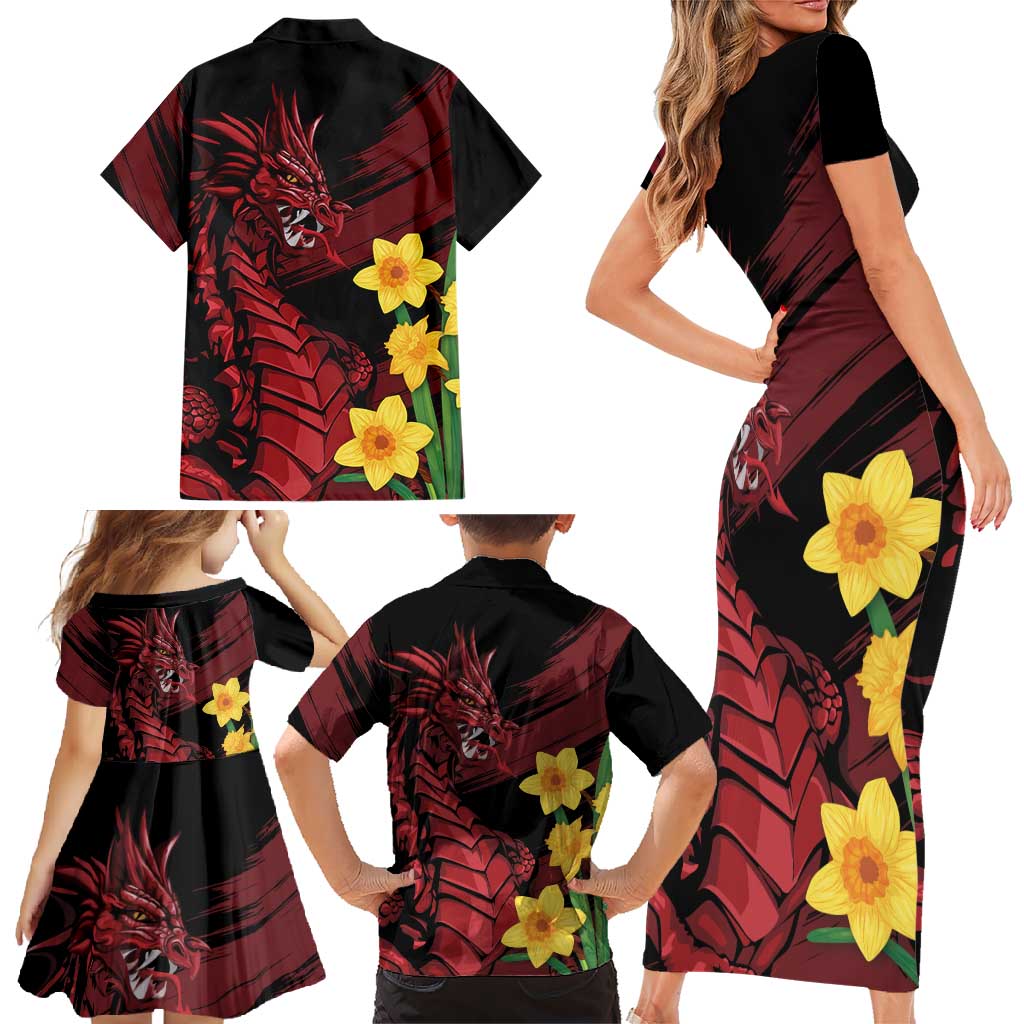 Wales Cymru Am Byth Family Matching Short Sleeve Bodycon Dress and Hawaiian Shirt Dragon & Daffodil - Wonder Print Shop