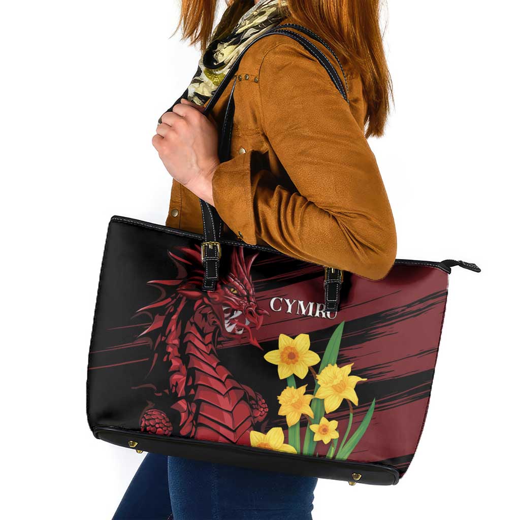 Wales Cymru Am Byth Leather Tote Bag Dragon & Daffodil