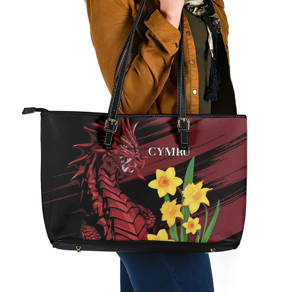 Wales Cymru Am Byth Leather Tote Bag Dragon & Daffodil