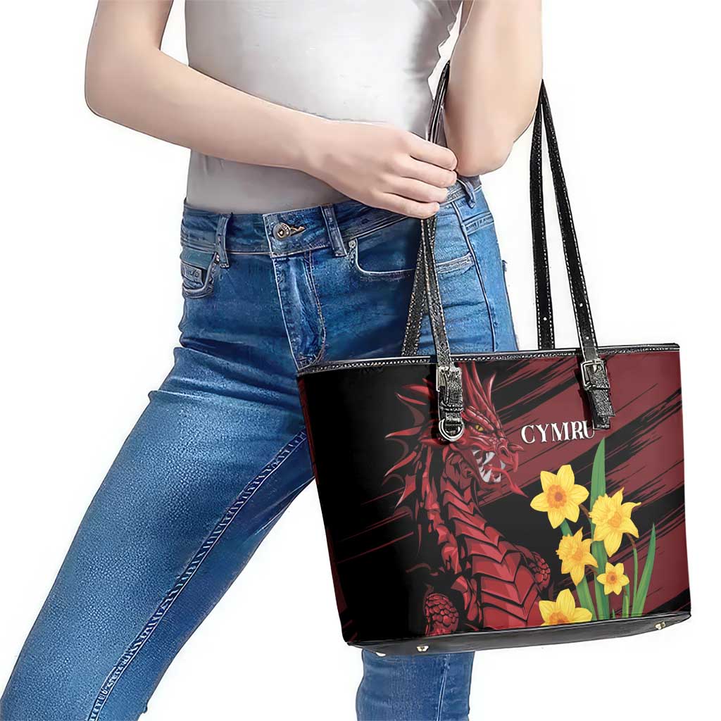 Wales Cymru Am Byth Leather Tote Bag Dragon & Daffodil
