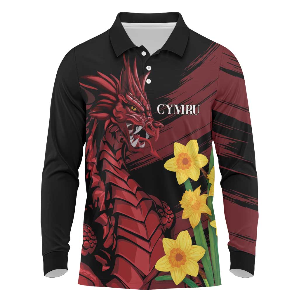 Wales Cymru Am Byth Long Sleeve Polo Shirt Dragon & Daffodil - Wonder Print Shop
