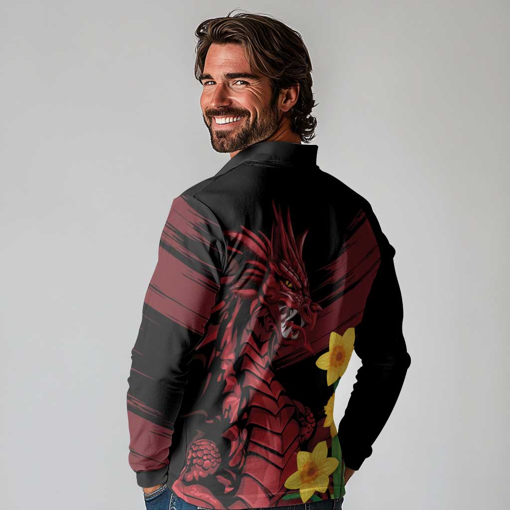 Wales Cymru Am Byth Long Sleeve Polo Shirt Dragon & Daffodil - Wonder Print Shop