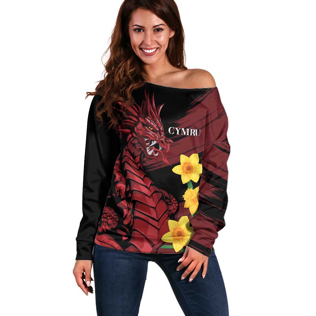 Wales Cymru Am Byth Off Shoulder Sweater Dragon & Daffodil - Wonder Print Shop