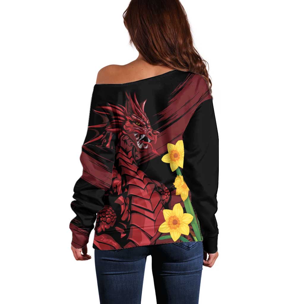 Wales Cymru Am Byth Off Shoulder Sweater Dragon & Daffodil - Wonder Print Shop