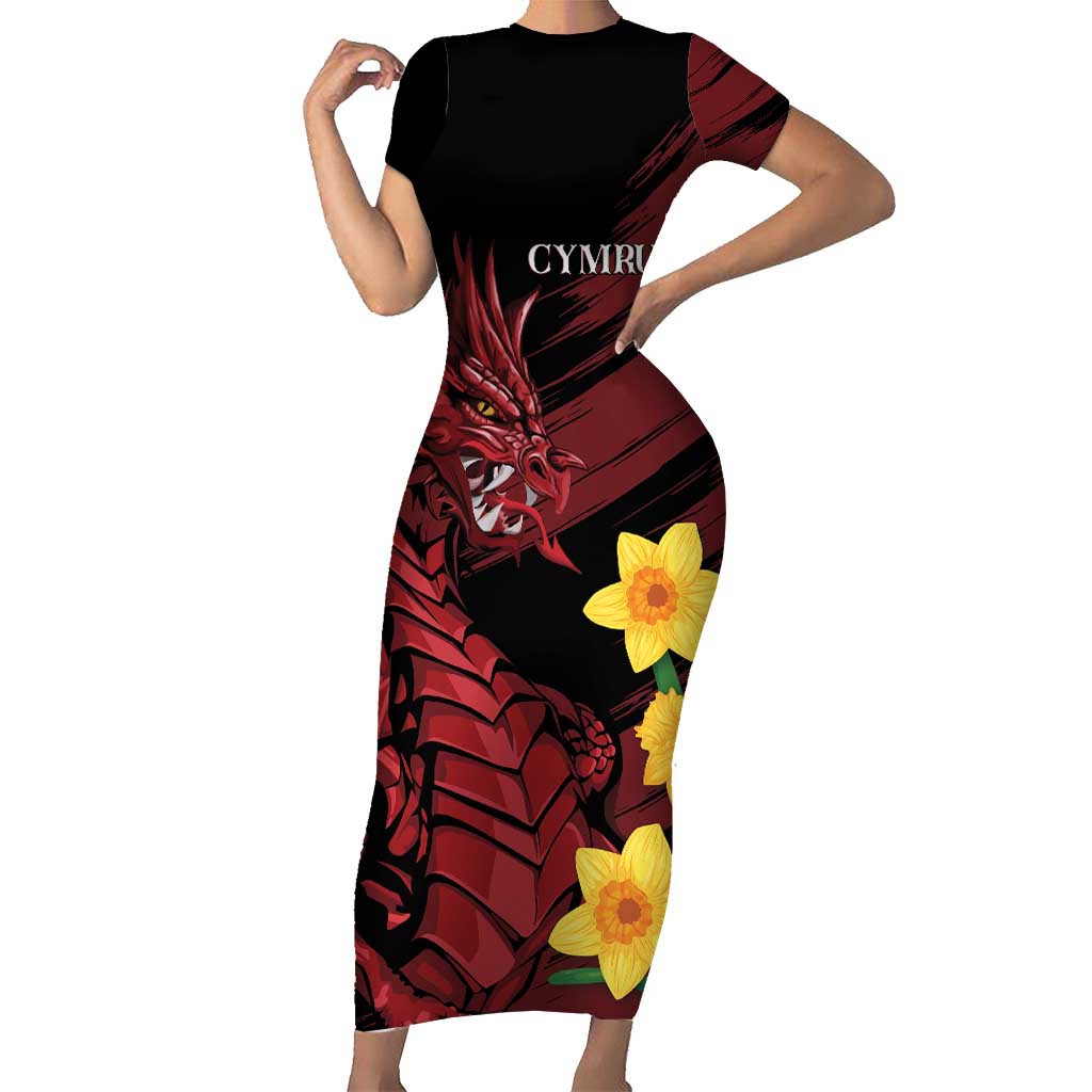 Wales Cymru Am Byth Short Sleeve Bodycon Dress Dragon & Daffodil - Wonder Print Shop