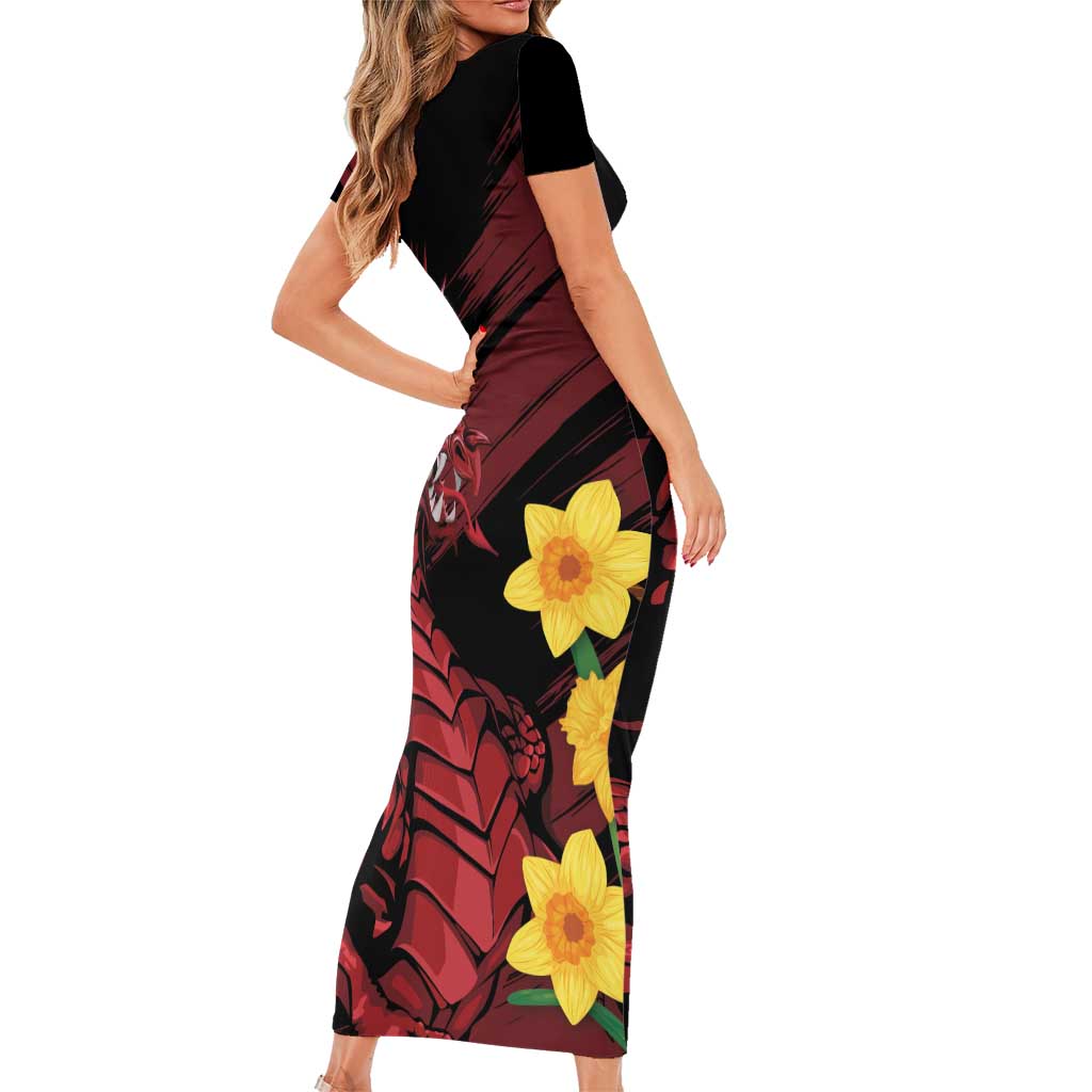 Wales Cymru Am Byth Short Sleeve Bodycon Dress Dragon & Daffodil - Wonder Print Shop