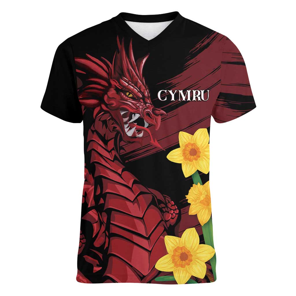 Wales Cymru Am Byth Women V-Neck T-Shirt Dragon & Daffodil - Wonder Print Shop
