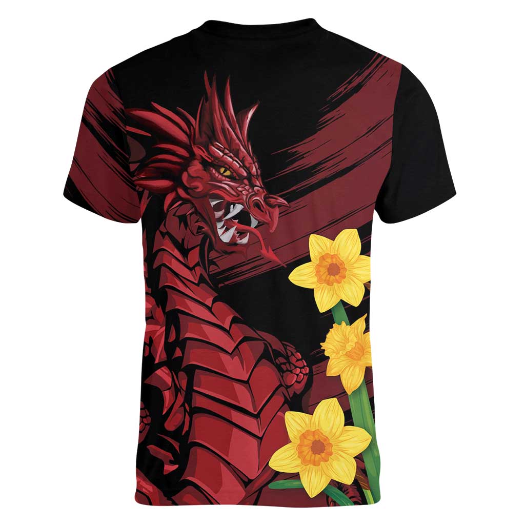 Wales Cymru Am Byth Women V-Neck T-Shirt Dragon & Daffodil - Wonder Print Shop