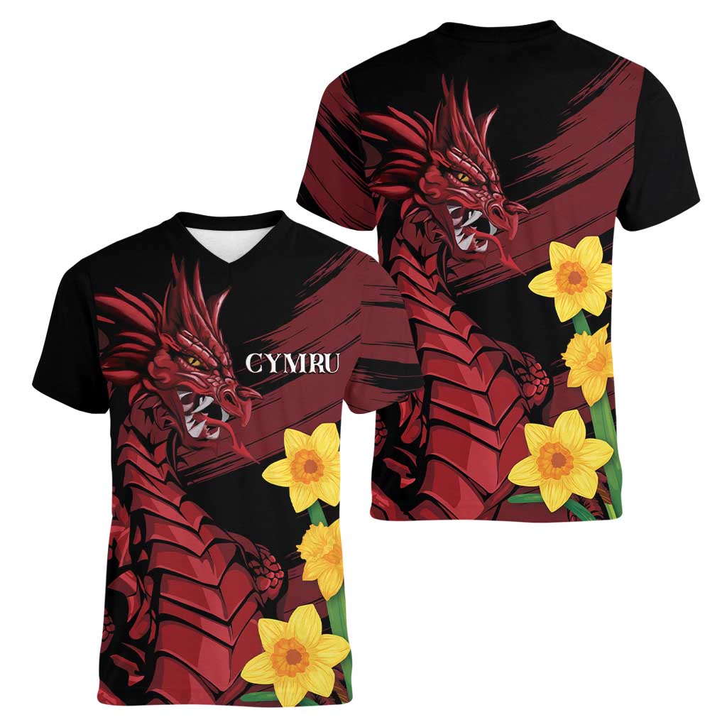 Wales Cymru Am Byth Women V-Neck T-Shirt Dragon & Daffodil - Wonder Print Shop
