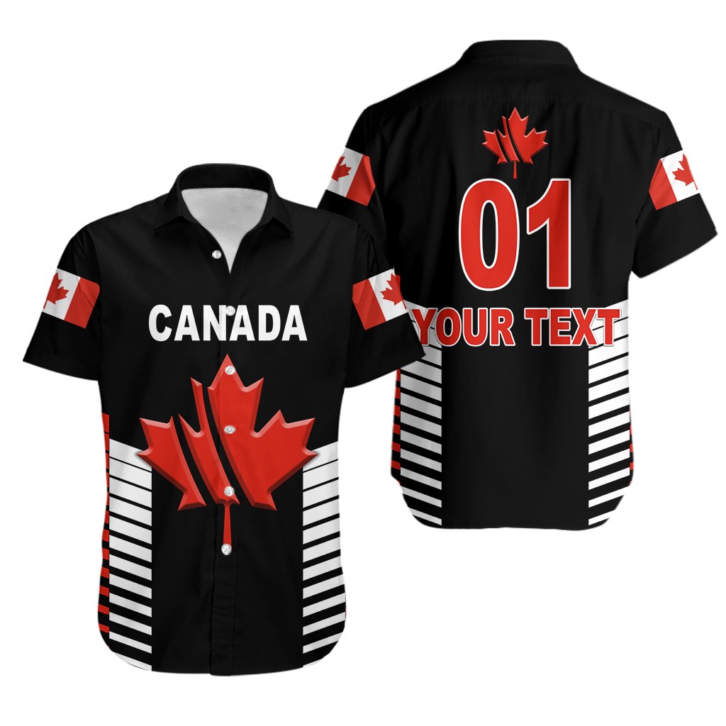 Black short-sleeve button-up shirt with red maple leaf, Canada text, and striped panels