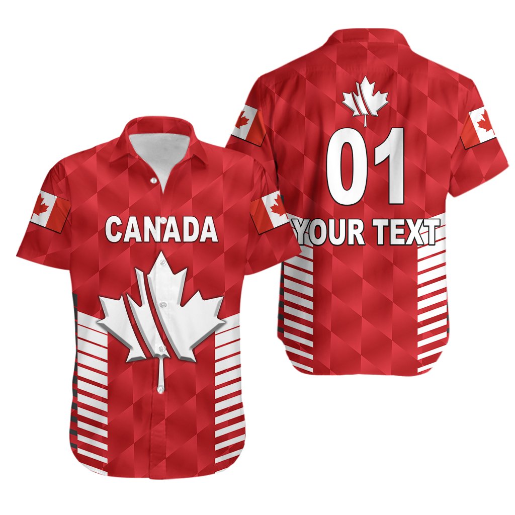 Red Canada Hawaiian shirt, maple leaf crest, striped flag graphics, '01' and custom text.
