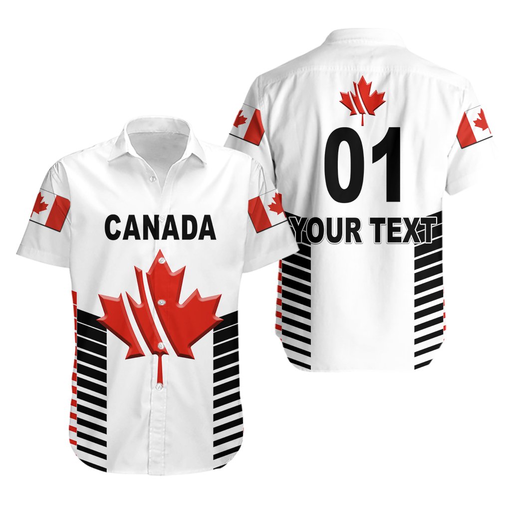Canada Hawaiian-style shirt, white with red maple leaves, “CANADA”, stripes, “YOUR TEXT/01”