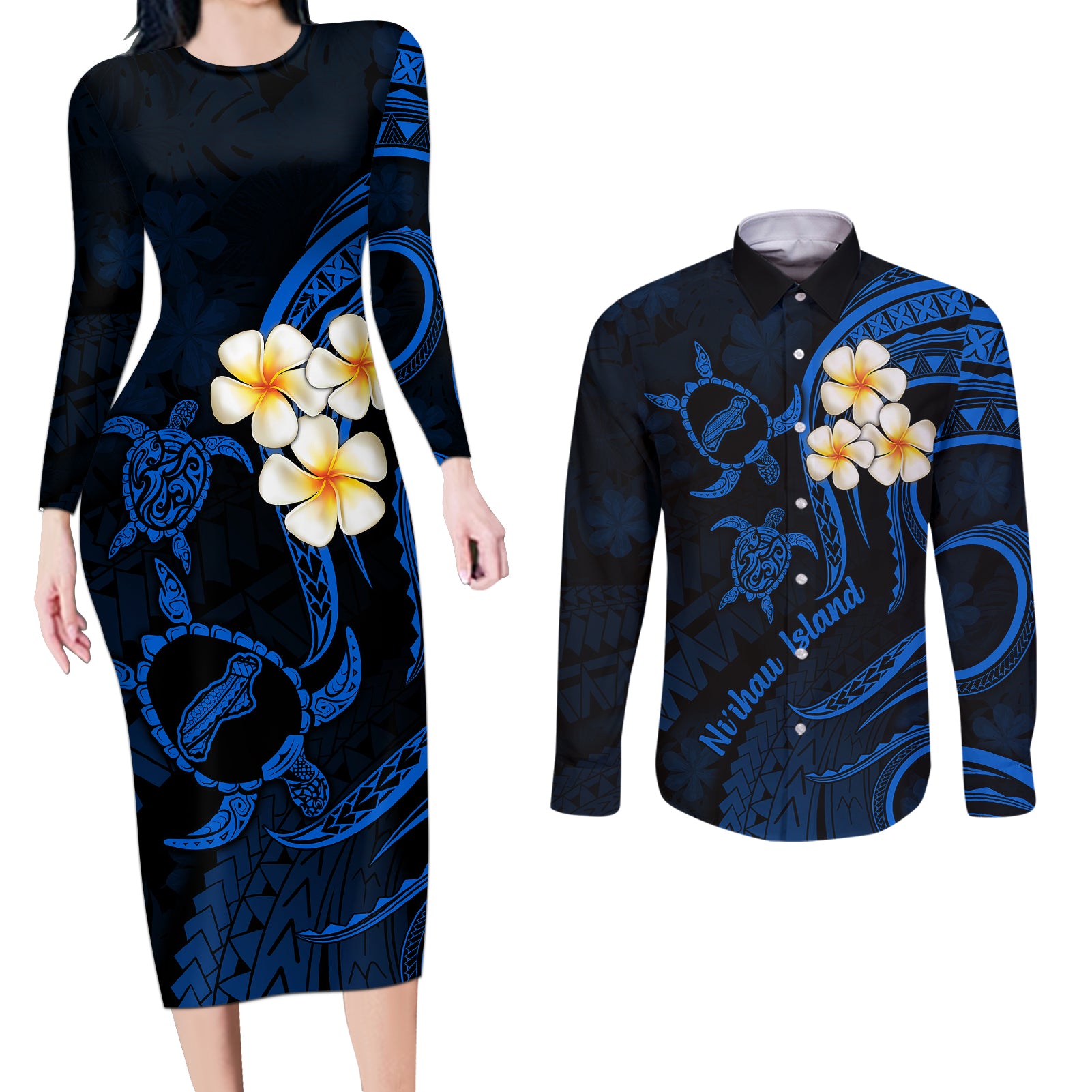 Hawaii Couples Long Sleeve Bodycon Dress and Long Sleeve Button Shirts Niihau Islands Polynesian Sunset Plumeria Blue Vibe LT9 - Wonder Print Shop